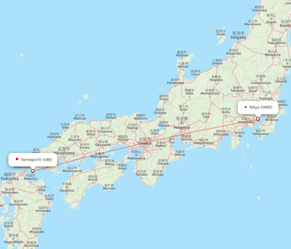 HND to UBJ flights and routes map