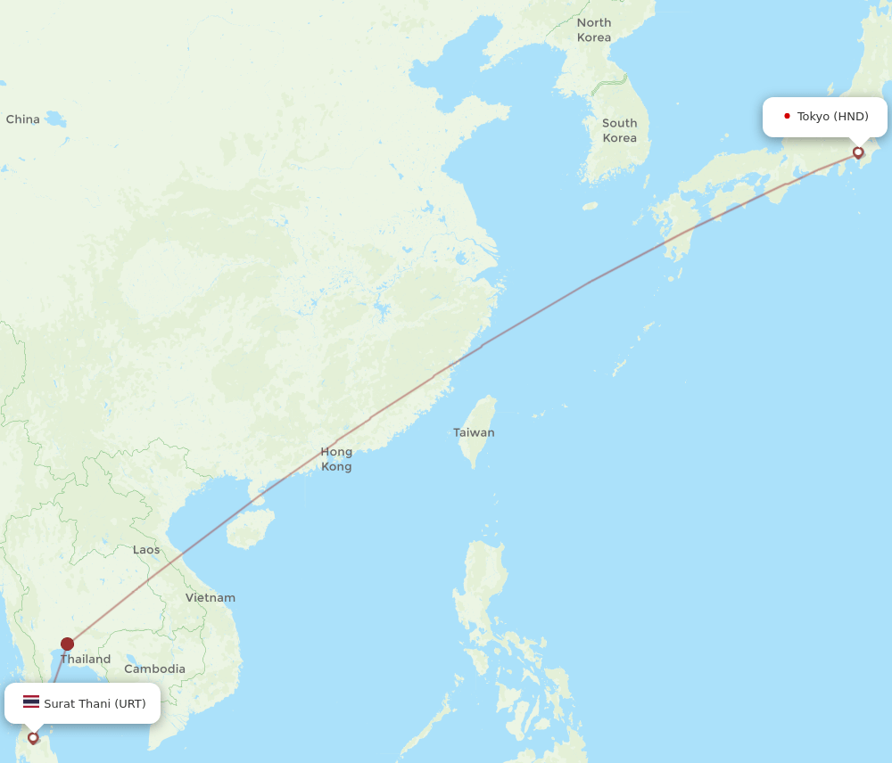 Tokyo - Surat Thani route map and flight paths