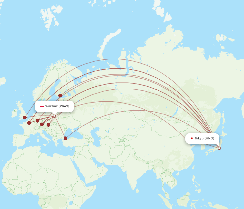 HND to WAW flights and routes map