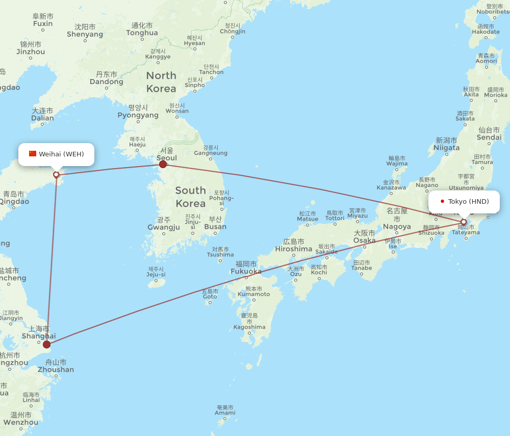 HND to WEH flights and routes map