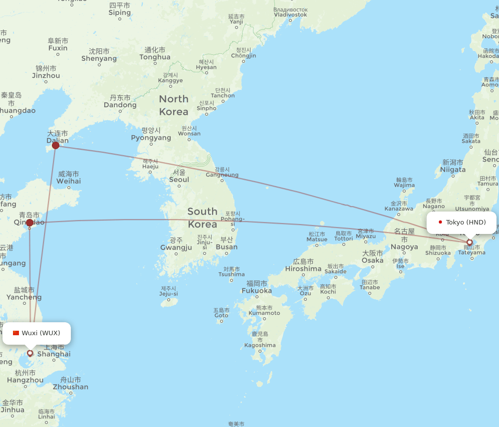 HND to WUX flights and routes map