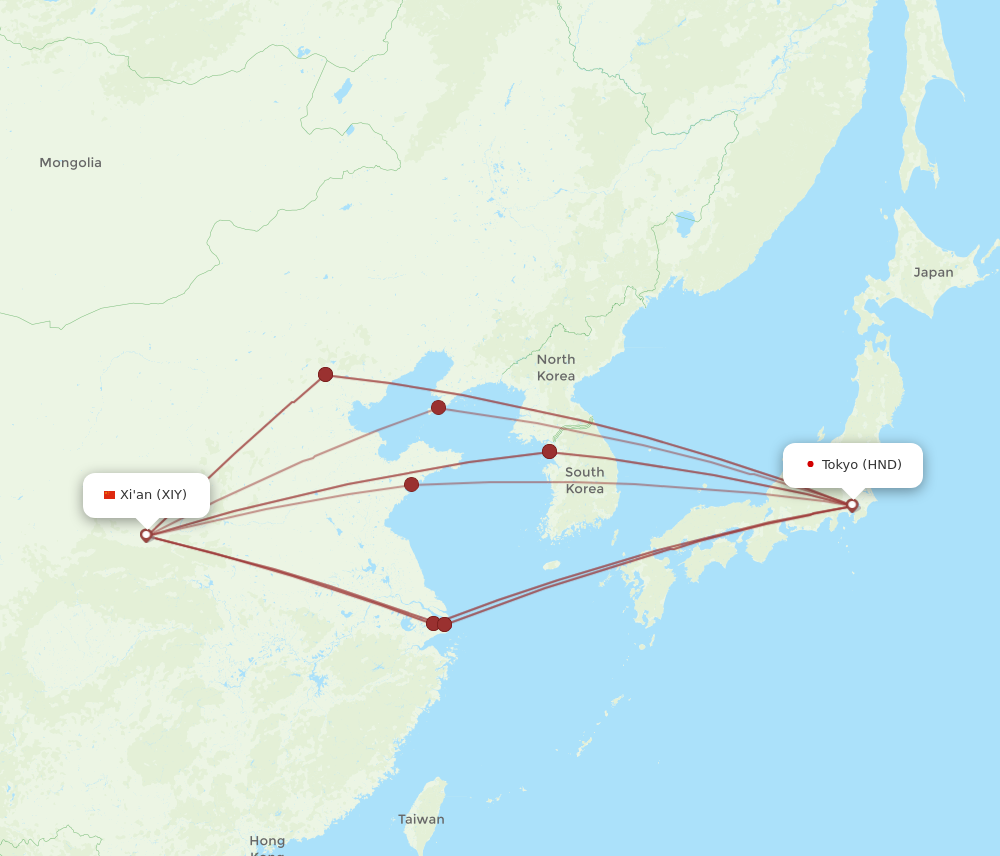 HND to XIY flights and routes map