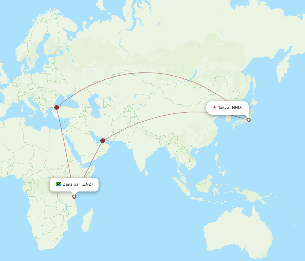 Zanzibar - Tokyo route map and flight paths