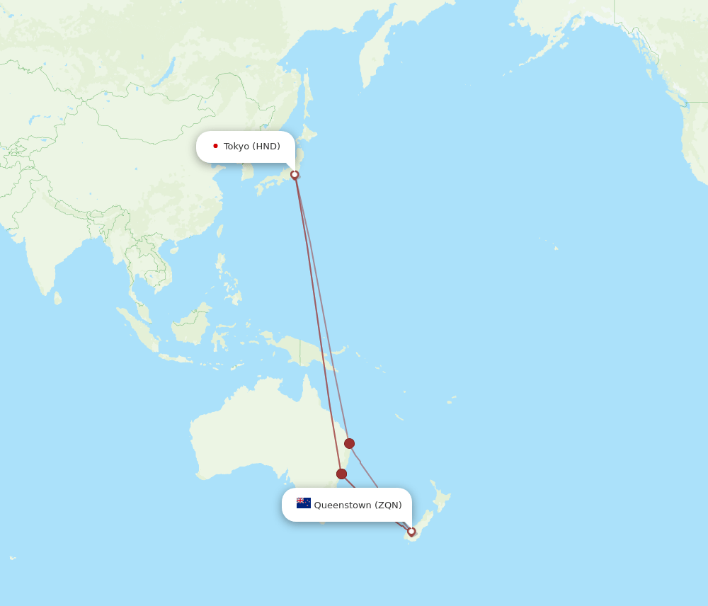 Queenstown - Tokyo route map and flight paths