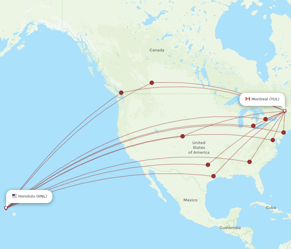 HNL to YUL flights and routes map