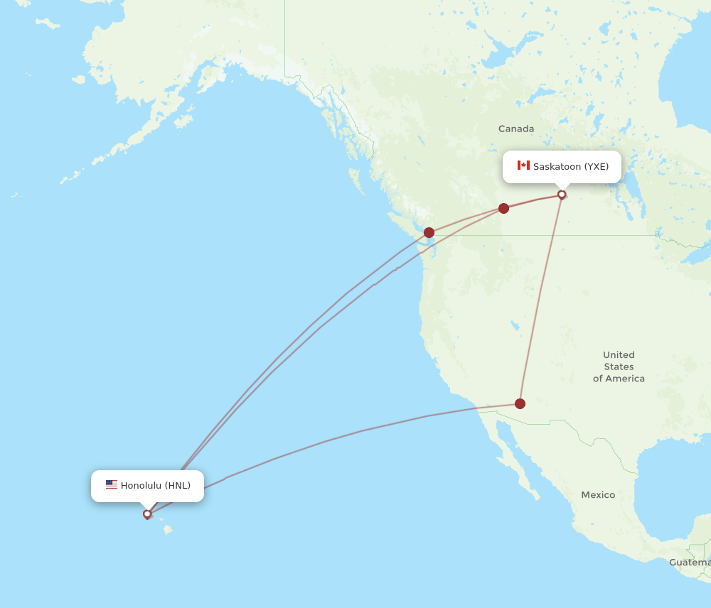Saskatoon - Honolulu route map and flight paths