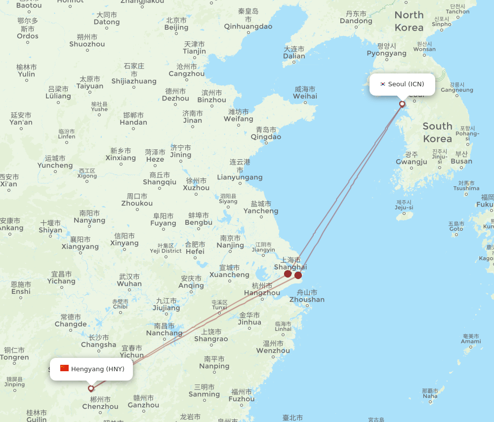 HNY-ICN flight routes
