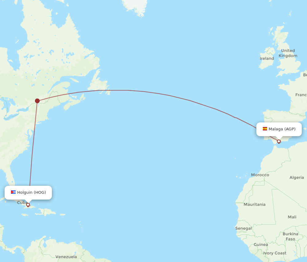 Malaga - Holguin route map and flight paths
