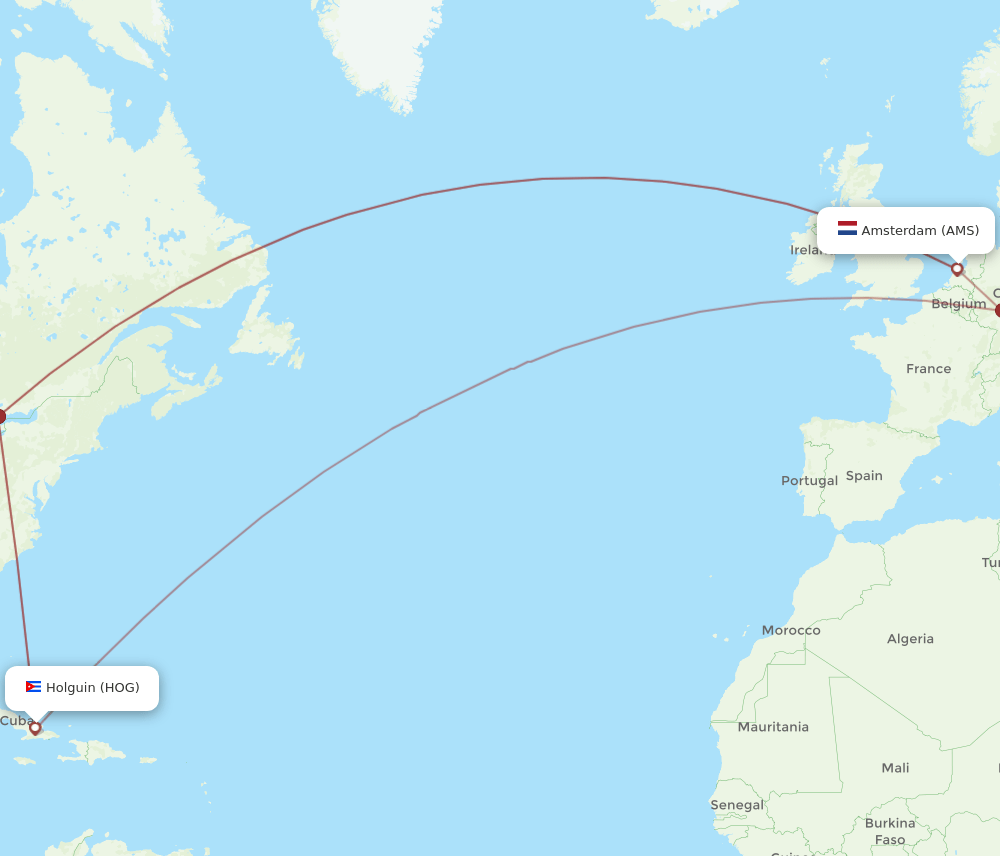 HOG to AMS flights and routes map