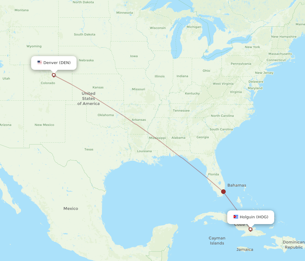 HOG to DEN flights and routes map