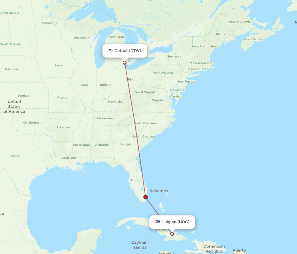 HOG to DTW flights and routes map