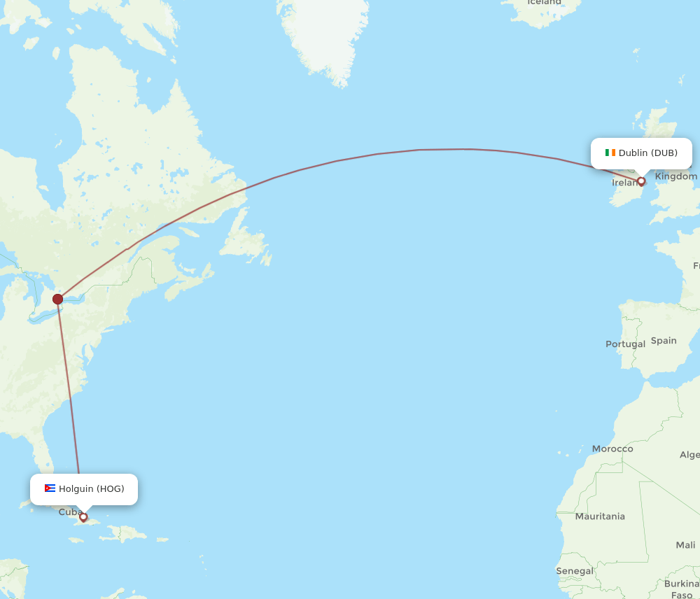 Dublin - Holguin route map and flight paths