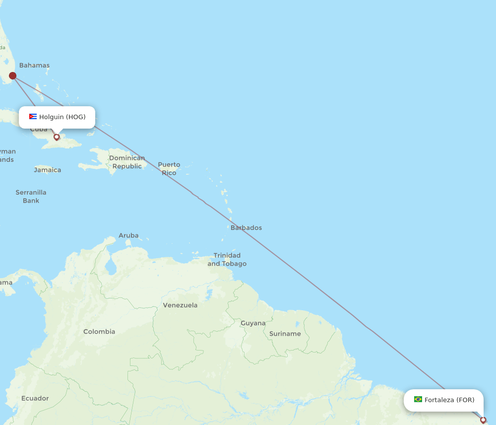 Fortaleza - Holguin route map and flight paths