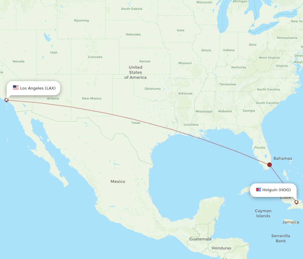 HOG to LAX flights and routes map