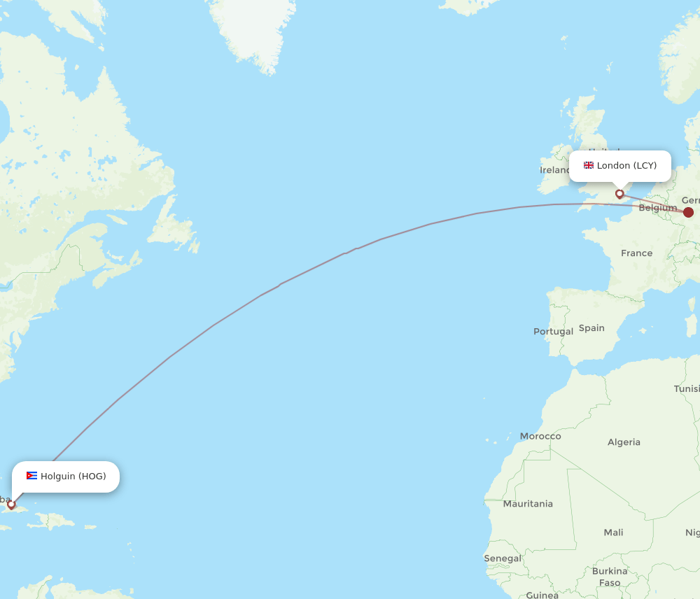 London - Holguin route map and flight paths