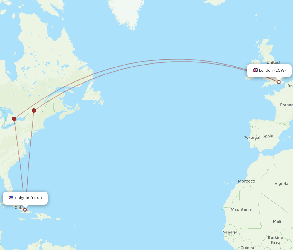 London - Holguin route map and flight paths