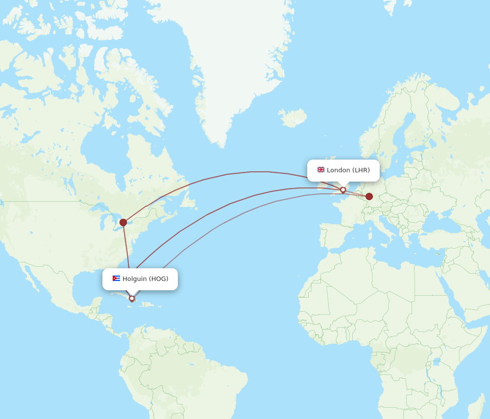 HOG to LHR flights and routes map