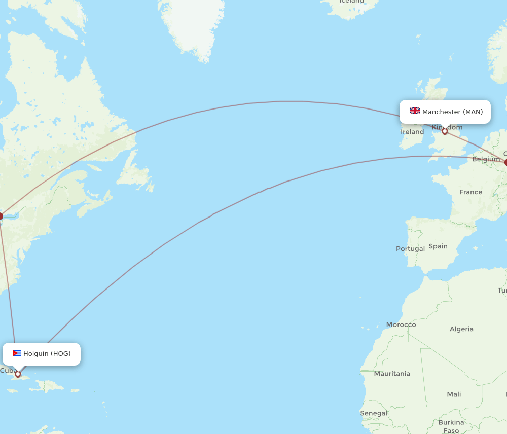 HOG to MAN flights and routes map