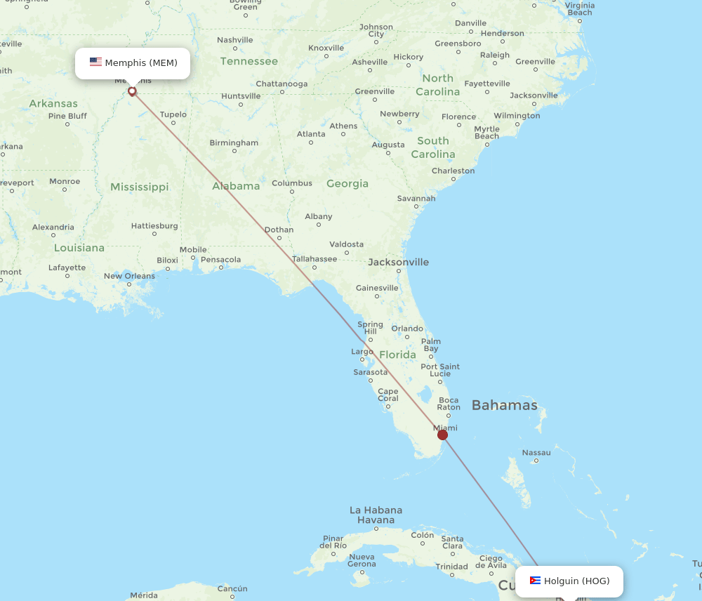 HOG to MEM flights and routes map