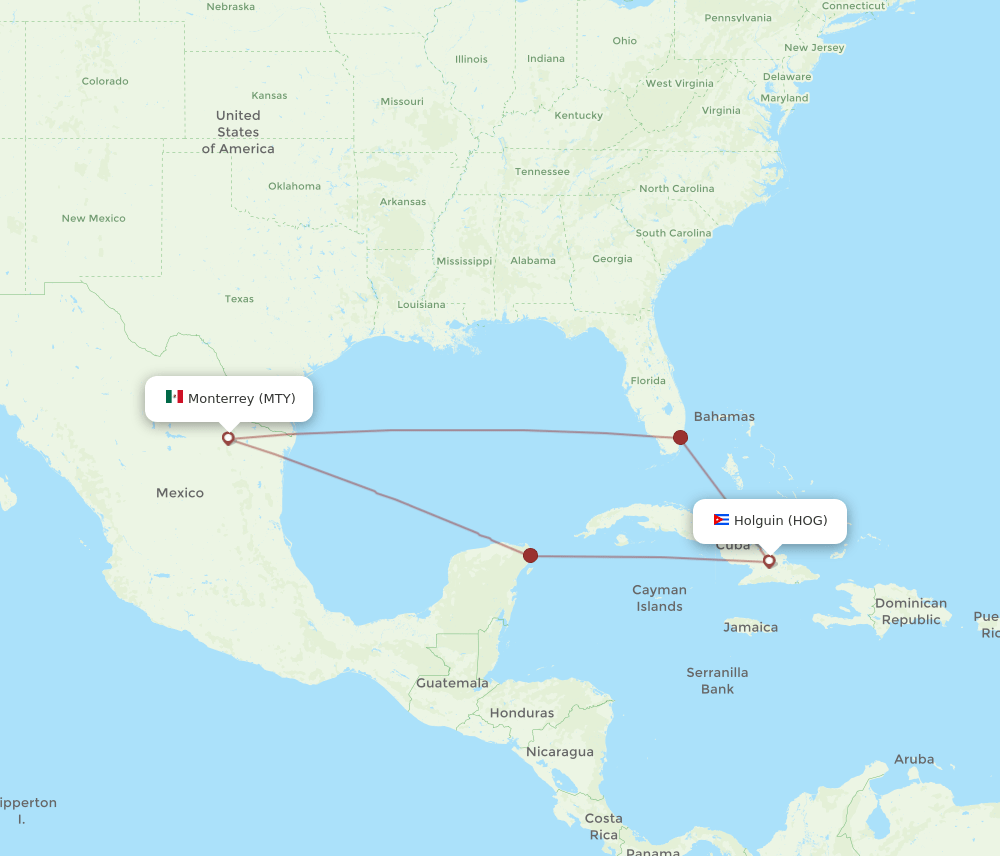 HOG to MTY flights and routes map