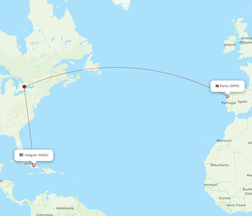 HOG to OPO flights and routes map