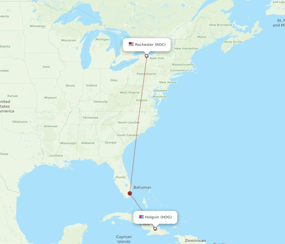 HOG to ROC flights and routes map