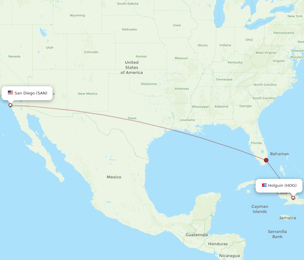 San Diego - Holguin route map and flight paths