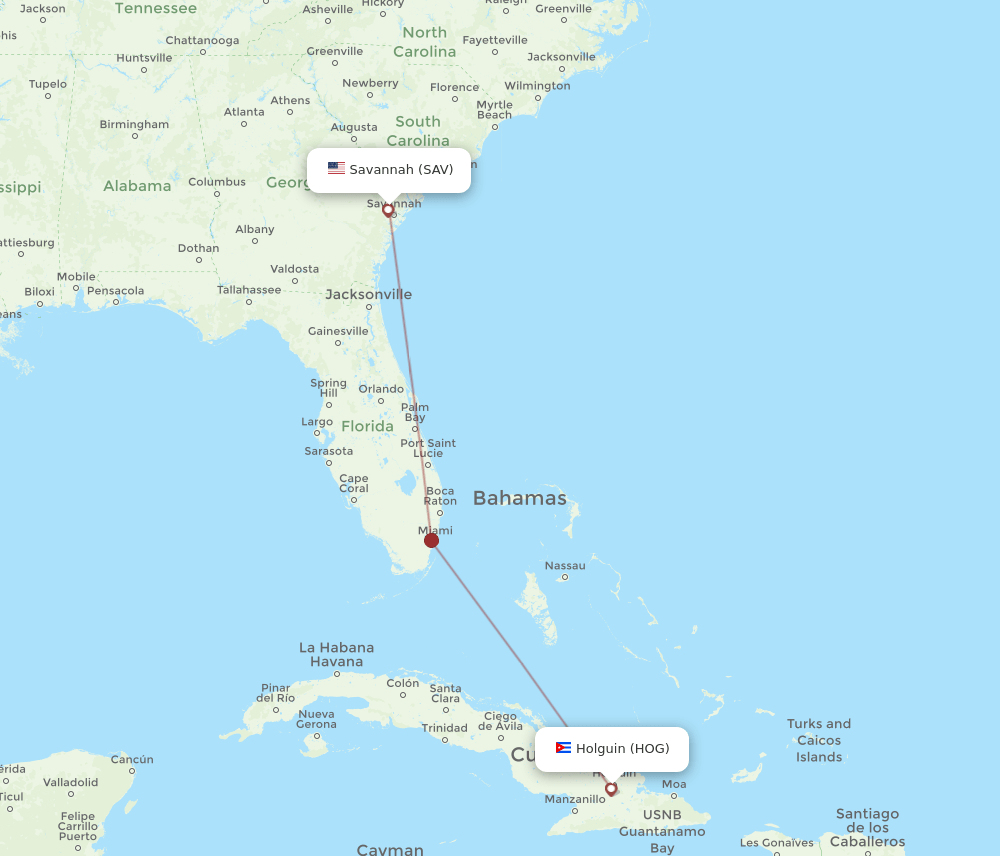 HOG to SAV flights and routes map