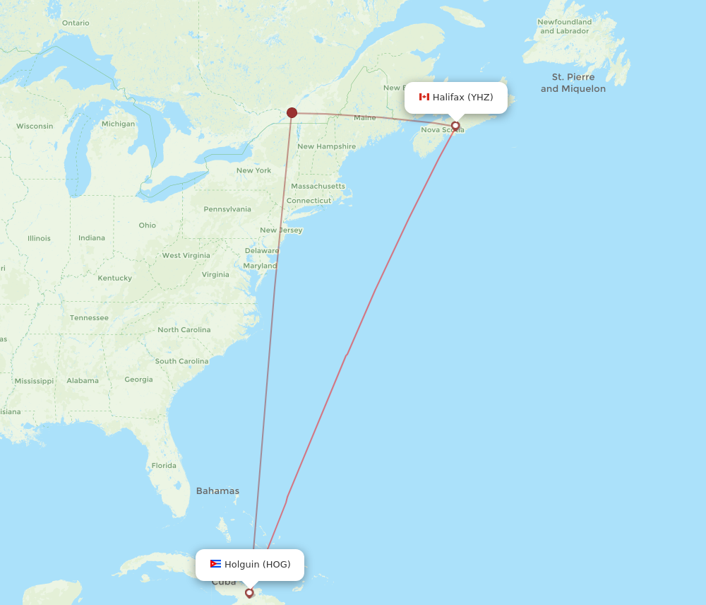 HOG to YHZ flights and routes map