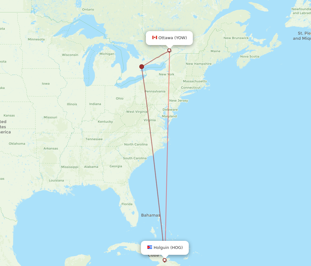HOG to YOW flights and routes map
