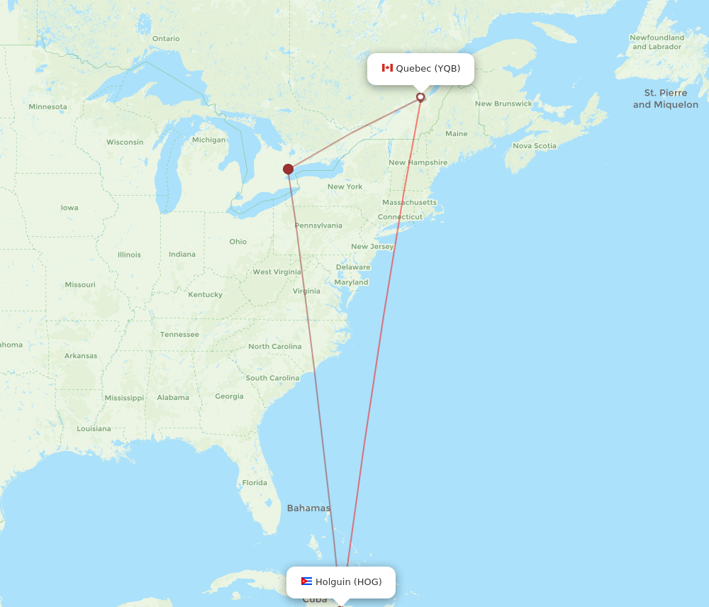 HOG to YQB flights and routes map