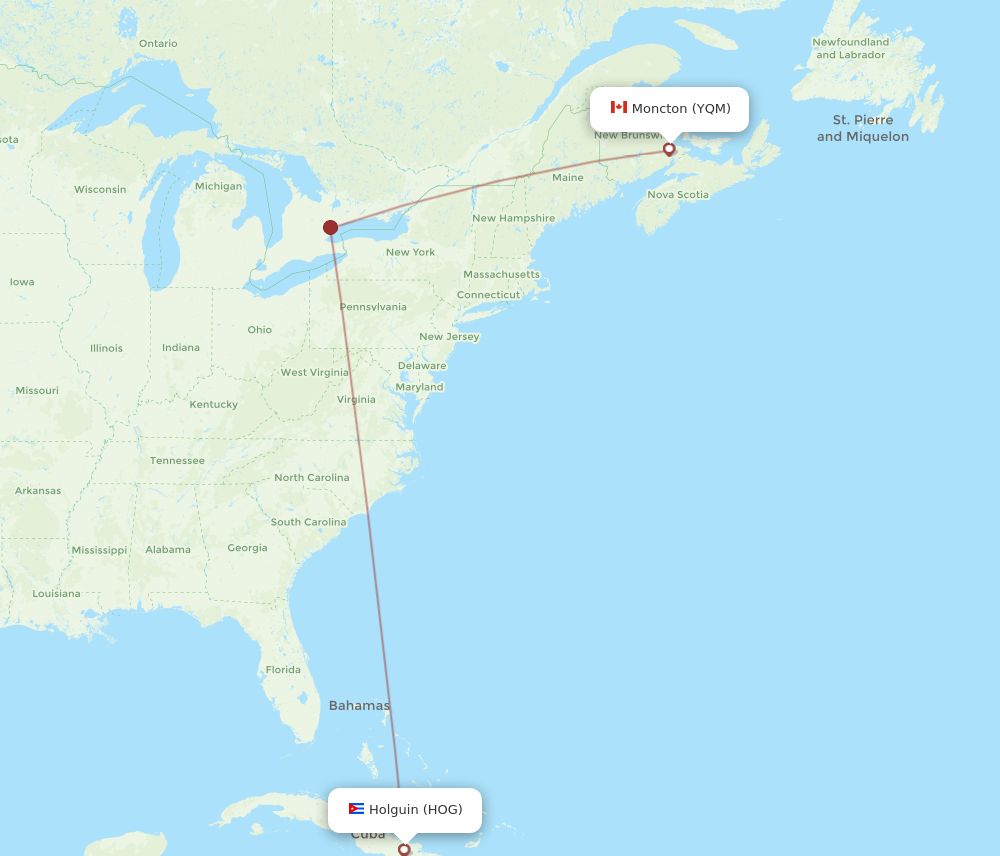 HOG to YQM flights and routes map