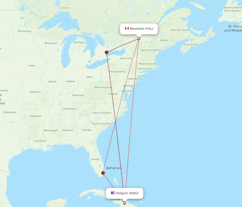 HOG to YUL flights and routes map