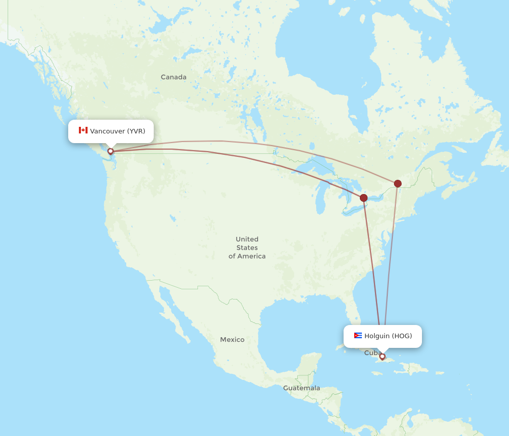 YVR to HOG flights and routes map