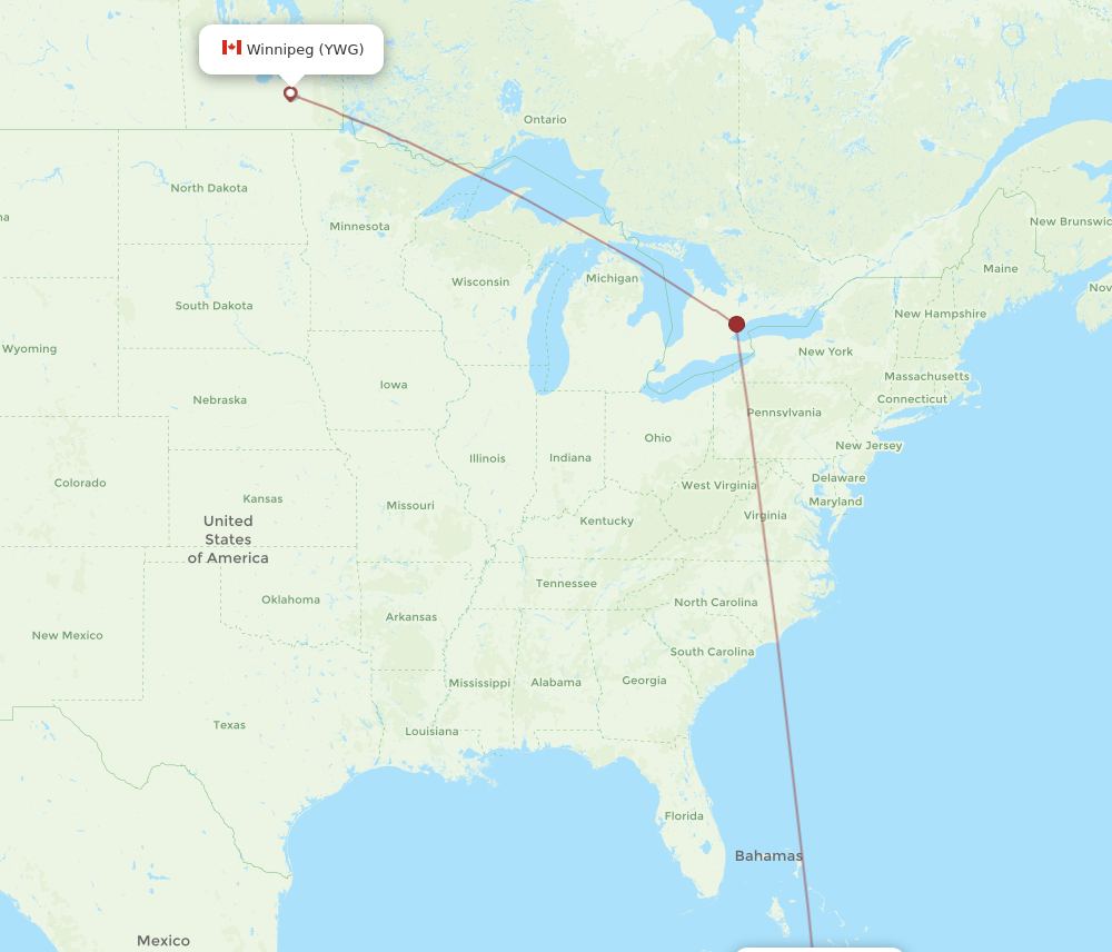 HOG to YWG flights and routes map