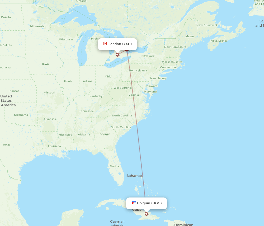 London - Holguin route map and flight paths