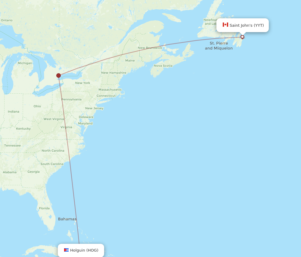 YYT to HOG flights and routes map