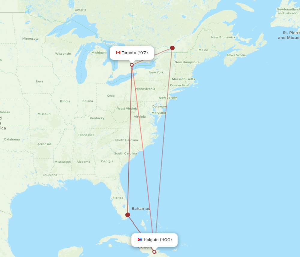 HOG to YYZ flights and routes map