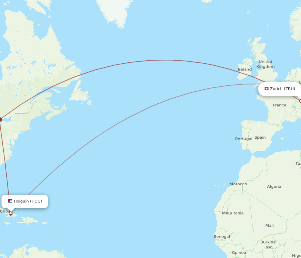 HOG to ZRH flights and routes map