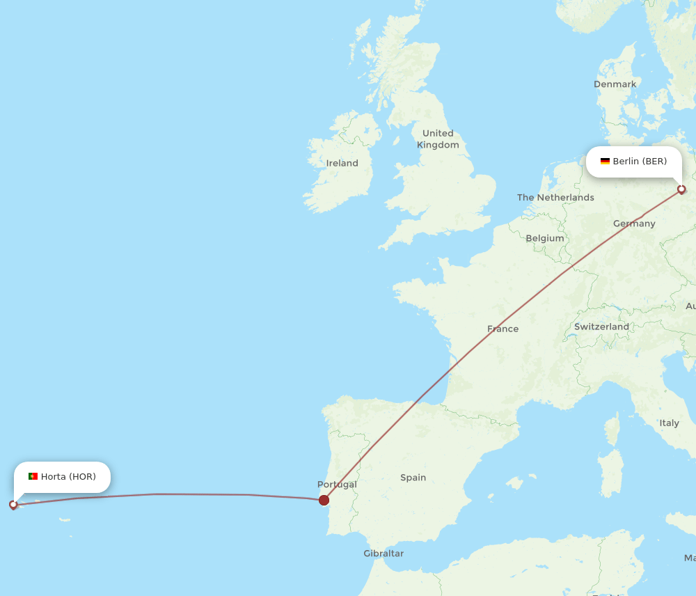 Berlin - Horta (Azores) route map and flight paths