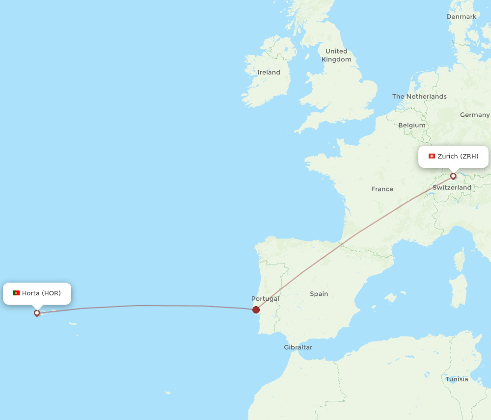 Zurich - Horta (Azores) route map and flight paths