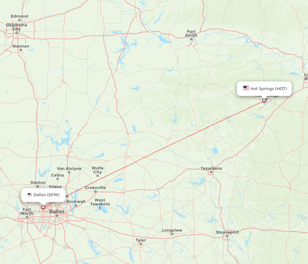 Hot Springs - Dallas route map and flight paths