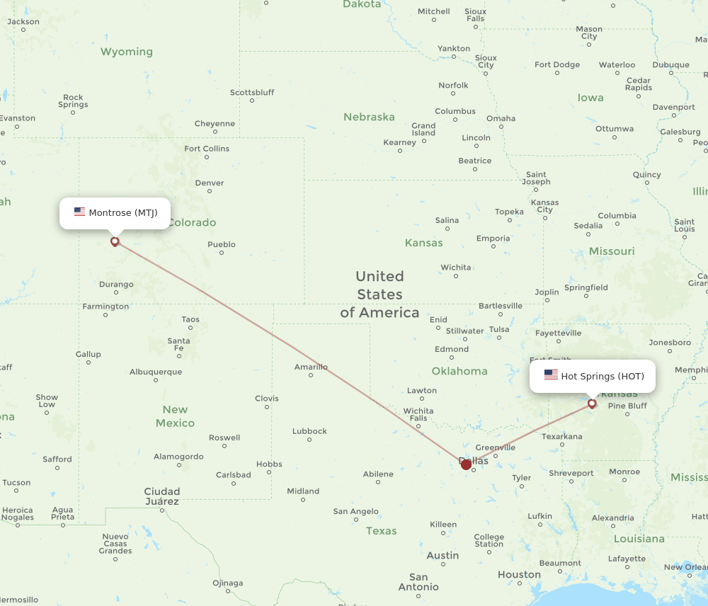 HOT to MTJ flights and routes map