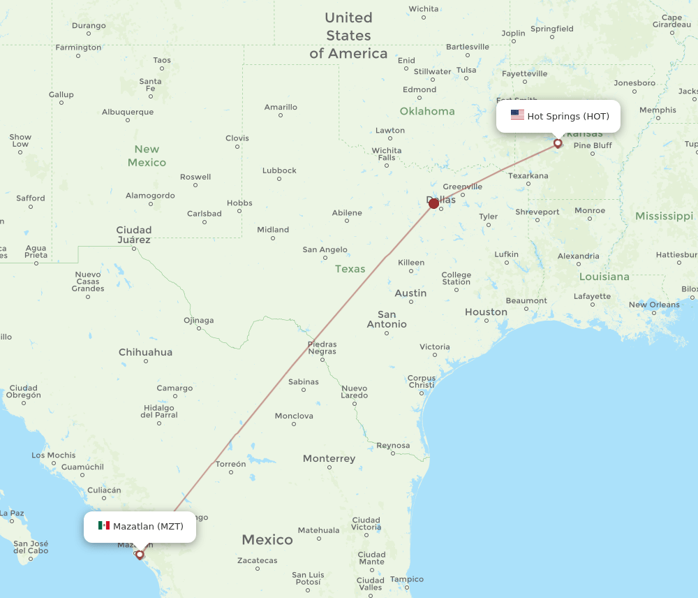 Mazatlan - Hot Springs route map and flight paths