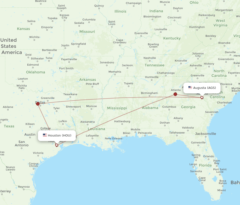 HOU to AGS flights and routes map