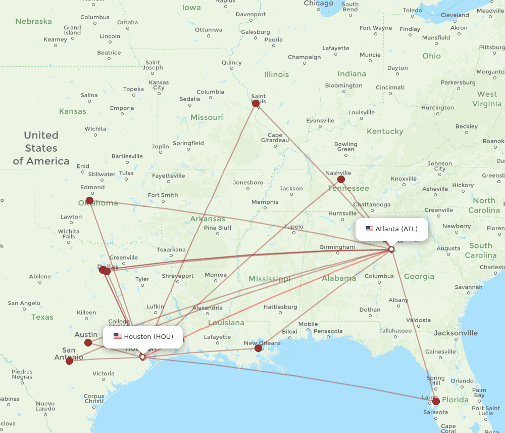 HOU to ATL flights and routes map