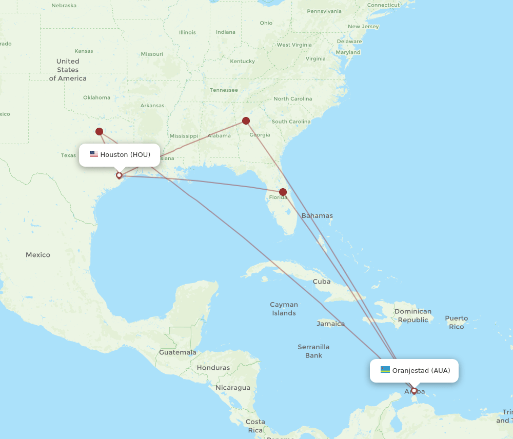 HOU to AUA flights and routes map