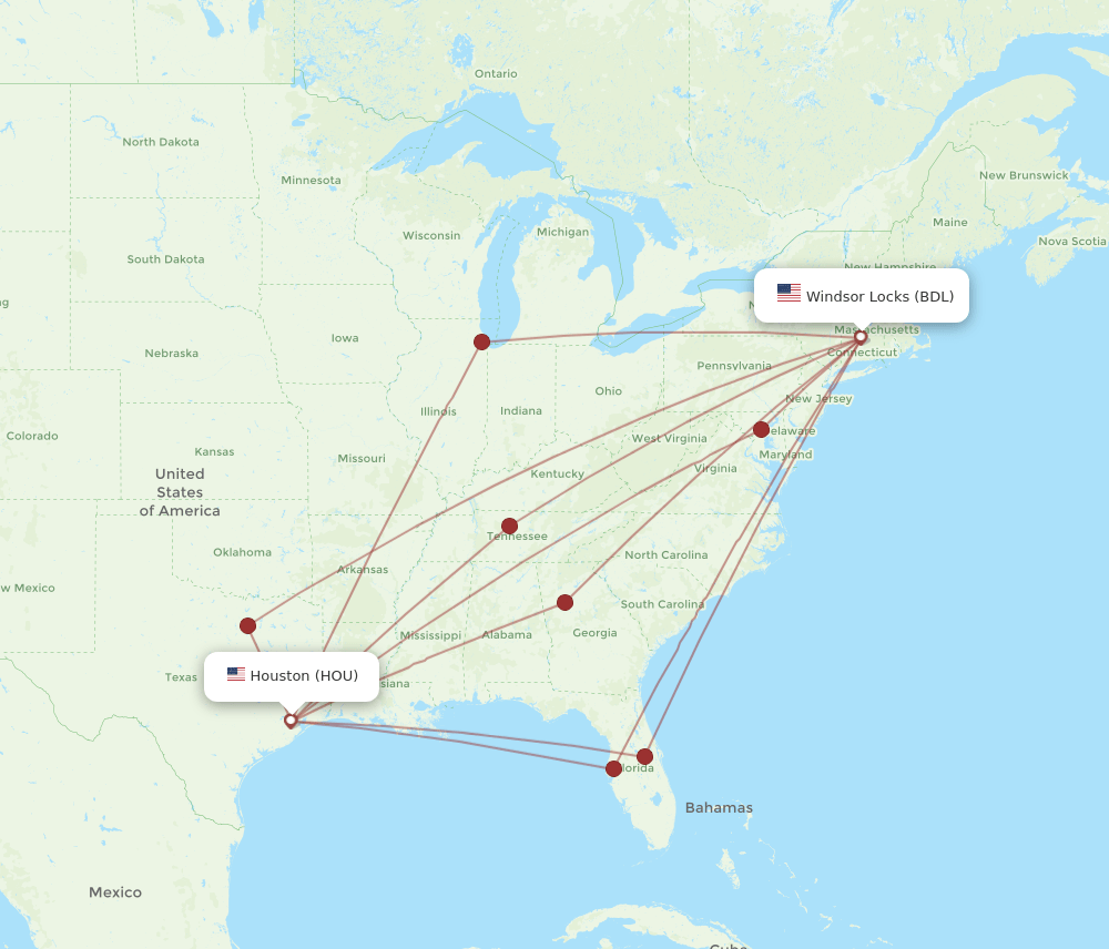 HOU to BDL flights and routes map