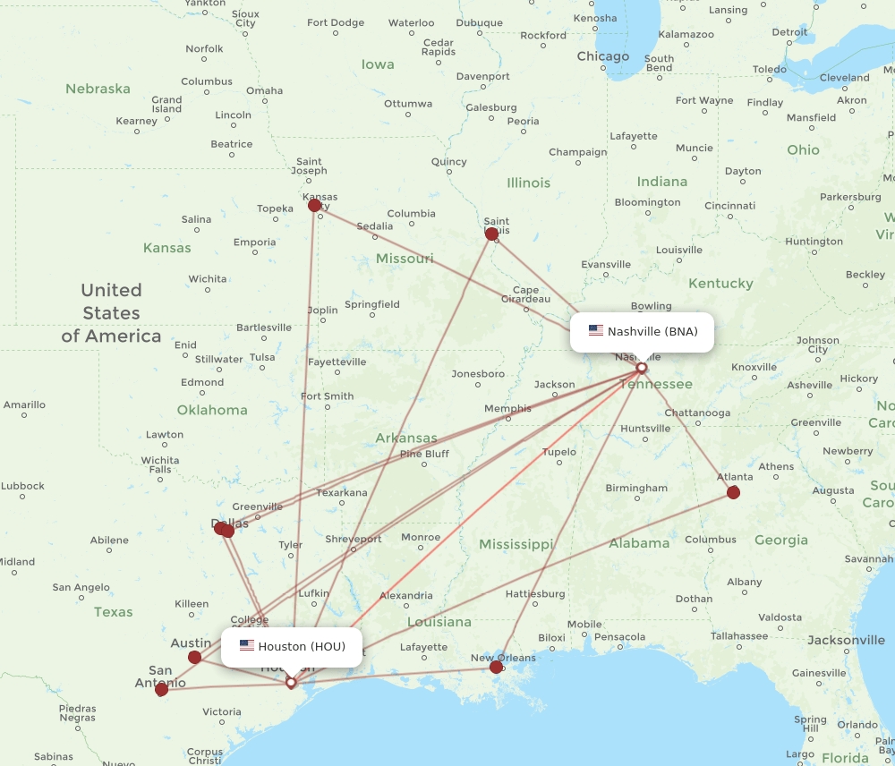 HOU-BNA flight routes