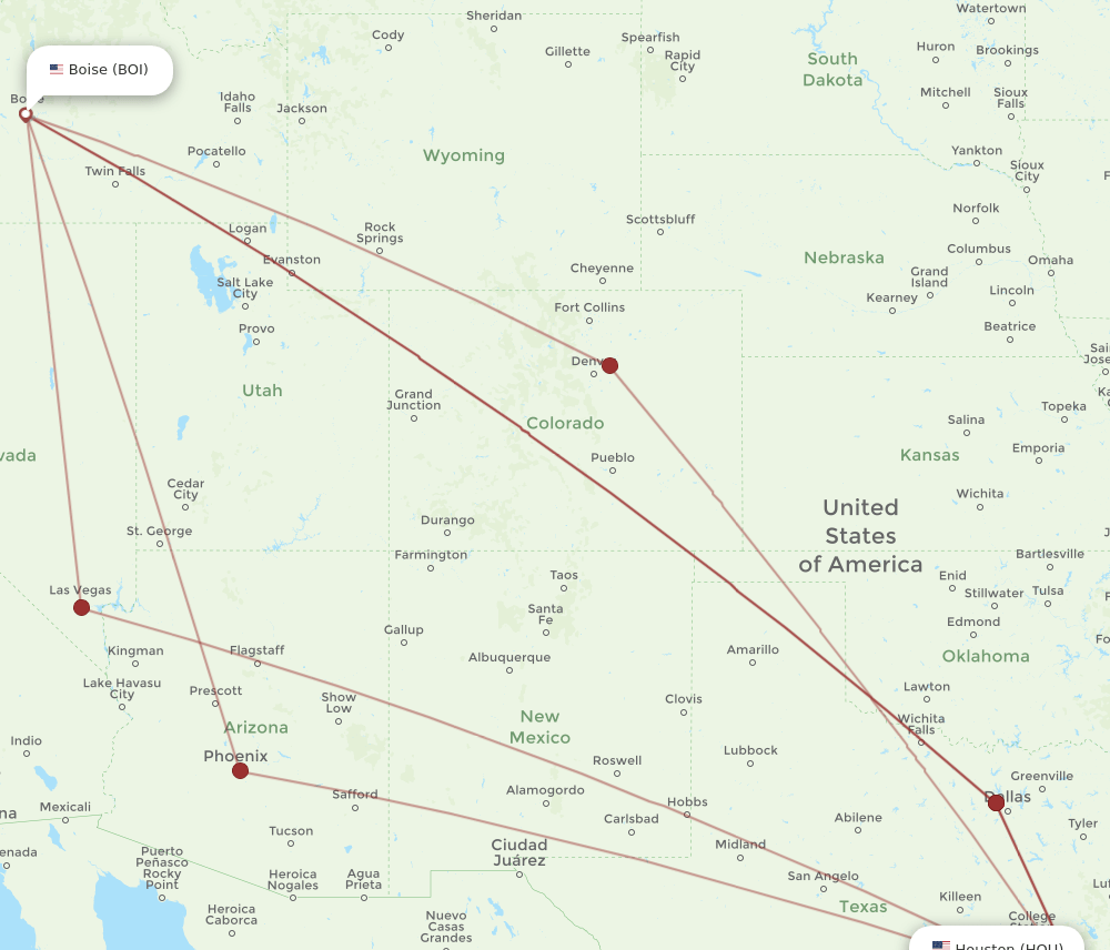 HOU to BOI flights and routes map